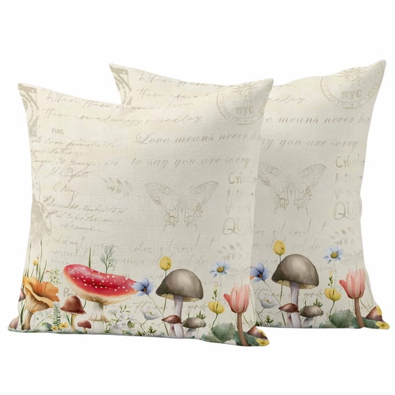 Vintage Mushrooms Pillow Covers 2 Pack Spring Flowers Plants Beige Background Pillowcase Waterproof Outdoor Throw Pillow Cover for Patio Garden Square Cushion 24”x24”