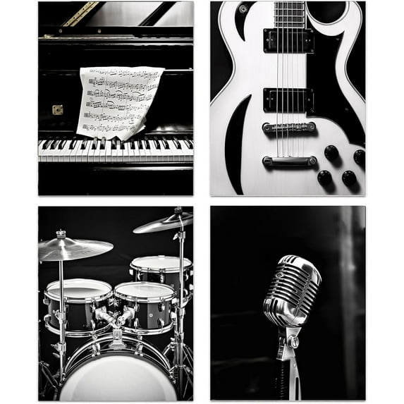Vintage Music Art Prints Music Wall Decor - Black and White Musical Instrument Wall Art - Retro Microphone Piano Guitar Canvas Poster for Music Room Bedroom Decor (Set of 4, 8"x10" Unframed)