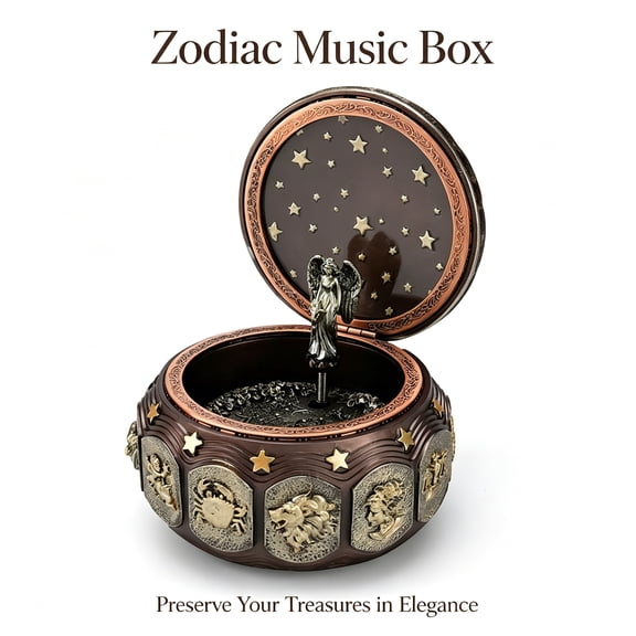 Vintage Music Box, 12 Zodiac with LED flashing lights and a rotating goddess, Sankyo 18-note wind-up