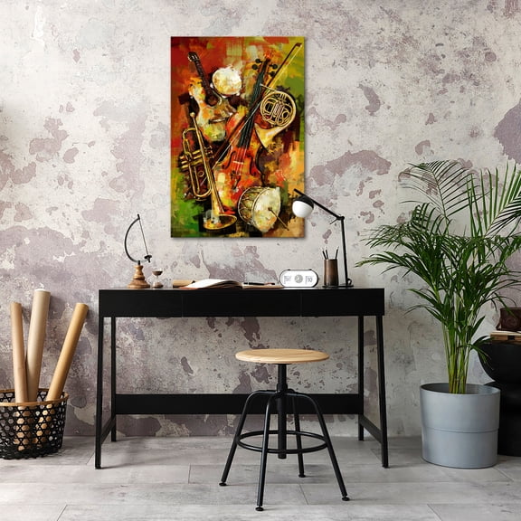 Vintage Music Canvas Wall Art Abstract Guitar Drum Violin Colorful Musical Instruments Theme Picture for Bedroom Living Room Ready to Hang 24x36inch (Multi-color)