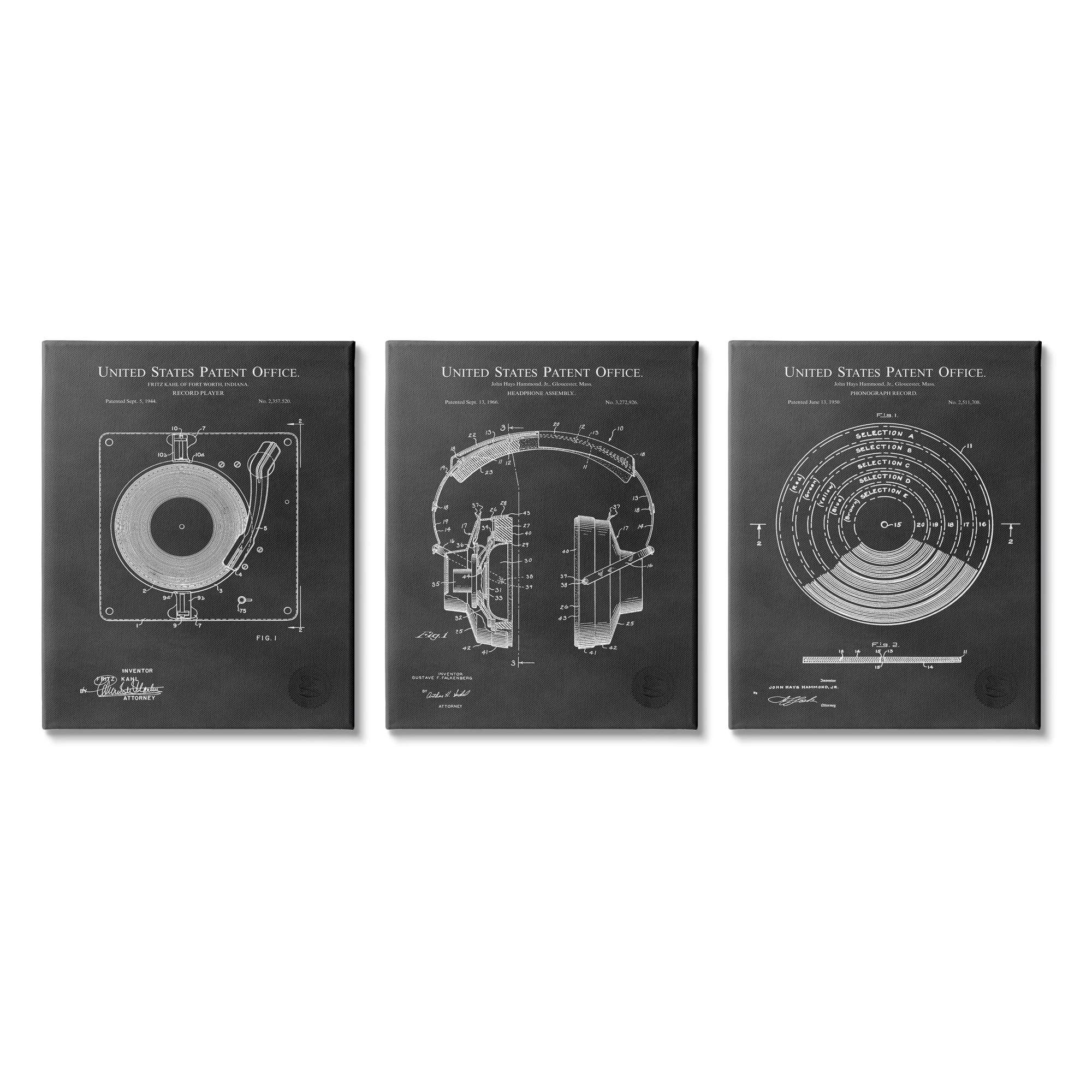 Vintage Music Headphones Record Player Turntable Blueprint Typography Graphic Art Gallery-Wrapped Canvas Print Wall Art, Set Of 3