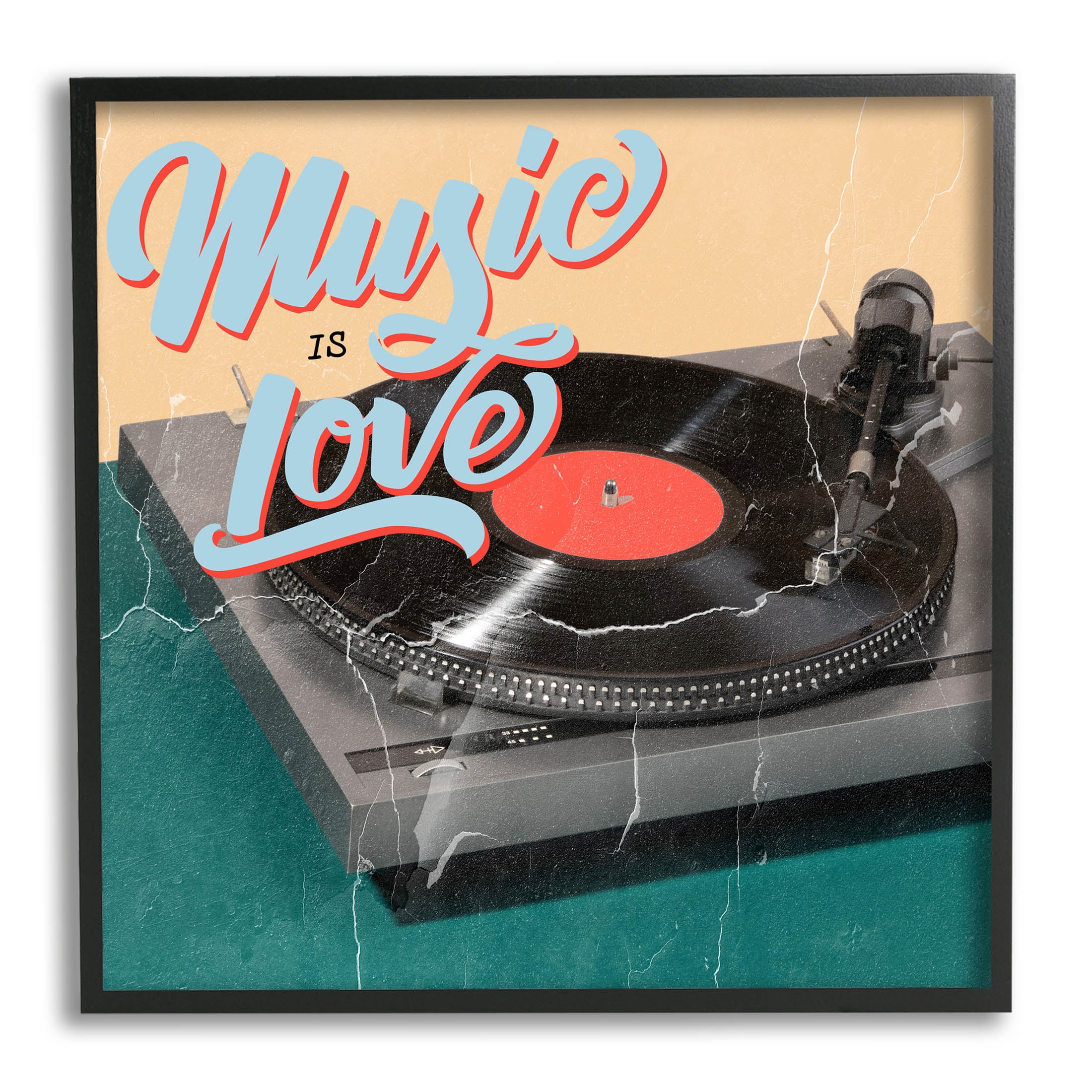 Vintage Music Is Love Turntable Inspirational Graphic Art Black Framed Art Print Wall Art