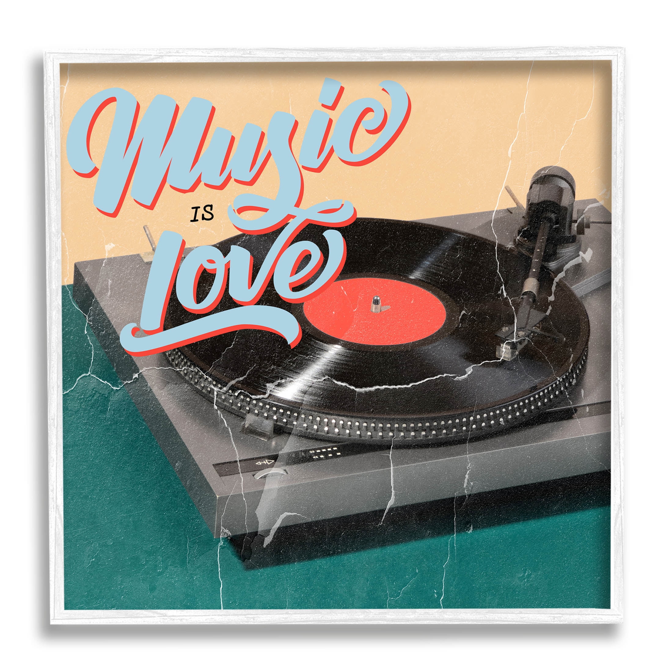 Vintage Music Is Love Turntable Inspirational Graphic Art White Framed Art Print Wall Art