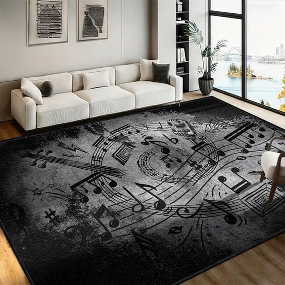Vintage Music Notes Area Rug, Grunge Retro Musical Theme Carpet, Classic Microphone Soft Washable Anti-Slip Floor Mat for Living Room Studio Bedroom Decor 5 x 7ft