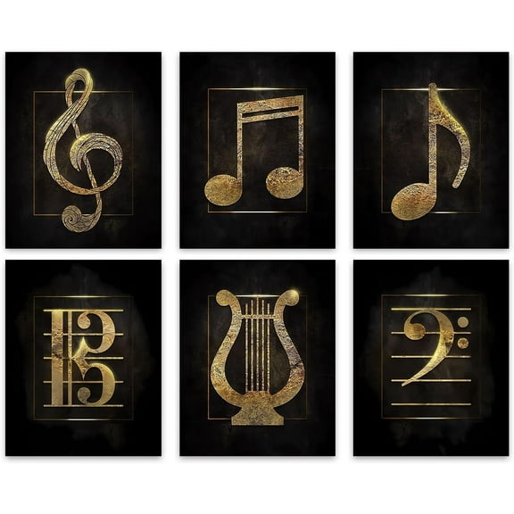 Vintage Music Symbolic Art Print Music Wall Decor - Black Golden Music Notes Music Elements Musical Instrument Canvas Posters - Music Room Decor - Set of 6 - (8"x10" Unframed) - Music Wall Art