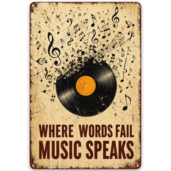 Vintage Music Theme Metal Wall Decor Sign - Where Words Fail Music Speaks - 8x12 Inch Rustic Iron Art for Home Decor - Easy Hanging with Pre-Drilled Holes - Indoor Outdoor Use