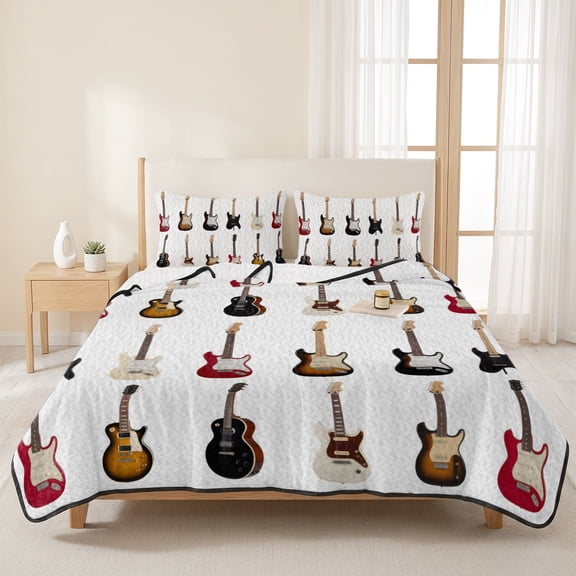 Vintage Musical Instrument 3 Pieces Quilt Set,1 Quilt with 2 Shams,Cartoon Guitar Bass Bedspread Soft Lightweight Bedding Coverlet Comforter Set for All Season 96"x106"