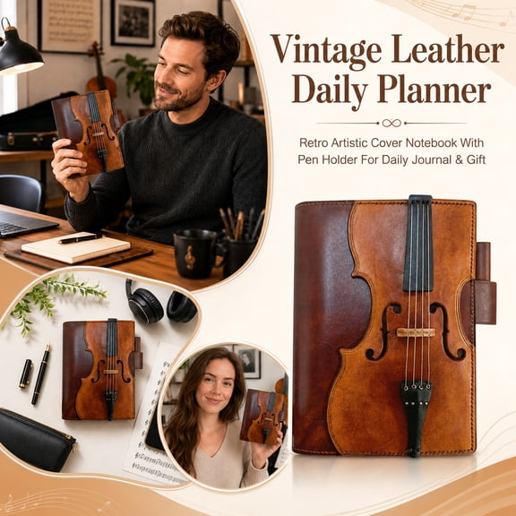 Vintage Musical Instrument Leather Daily Planner, Embossed 3D Violin Leather Notebook With Pen Holder, Rustic Art Journal Diary Present For Music Enthusiasts