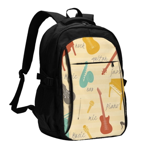 Vintage Musical Instruments Music Laptop Backpack with USB Charging Headphone Port Casual Daypack Bag College Business Travel