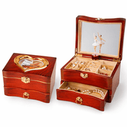 Vintage Musical Jewelry Box with Ballerina, Brown Rotating Music Box, Elegant Jewelry Storage with Heart-Shaped Lid & Golden Hinge, ABS Wood Grain Finish, for Home Decor and Valentines Gift