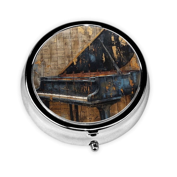 Vintage Musical Notes Piano Art Mini Round Pill Box Portable Small Pill Case Organizer with 3 Compartments for Pocket Purse