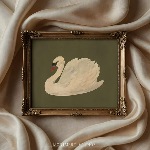 Vintage Muted Swan Print Poster, Neutral Art, Minimalist Sage Green Wall Art Poster, Dark Green Poster Decor, Nursery Swan Art, AN61, Unframed Canvas Size 16x24 F03.1.19l235