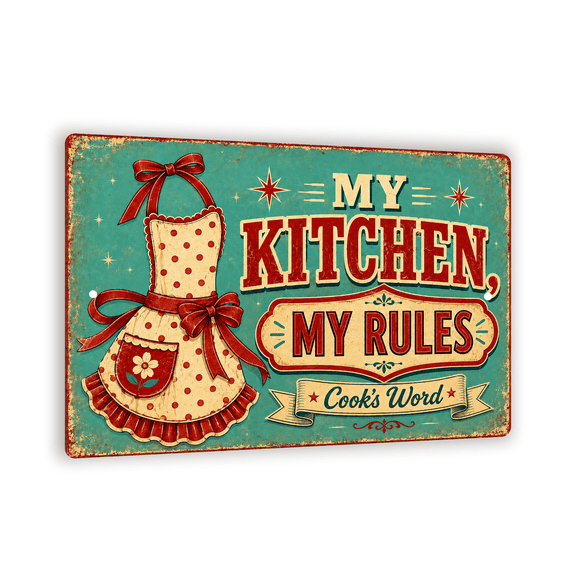 Vintage "My Kitchen, My Rules" Enamel-Style Metal Sign - Retro Diner Kitchen Wall Decor - 8"x 12" Kitchen Wall Art For Home Cooks And Diner Lovers