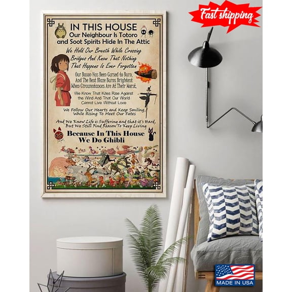 Vintage My Neighbor Totoro In This House Our Neighbor Is Totoro And Soot Spirits Hide In The Attic 24 x 36 Inch Poster