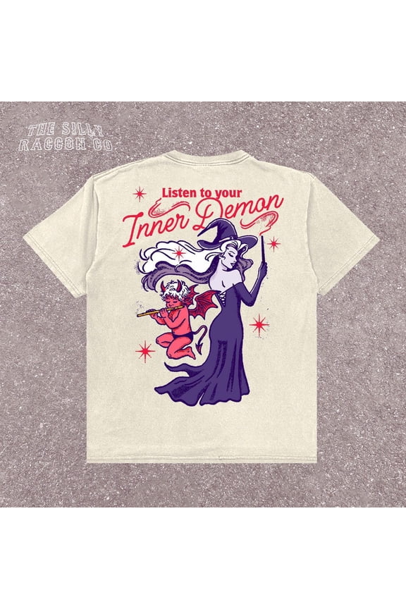 Vintage Mystic Graphic T-Shirt - Listen To Your Inner Demon Shirt - Mystical Retro Graphic Tee - Gothic Mystic Shirt - Funny Trendy Tee SAND Unisex S-5XL Hot Trending Shirt, Vintage Birthday Gift