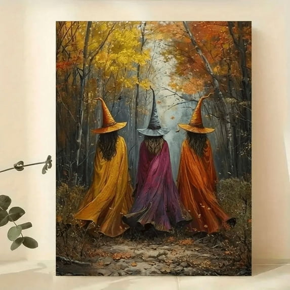 Vintage Mystical Three Witches in Autumn Woods, Forest Magic Poster Home Decor