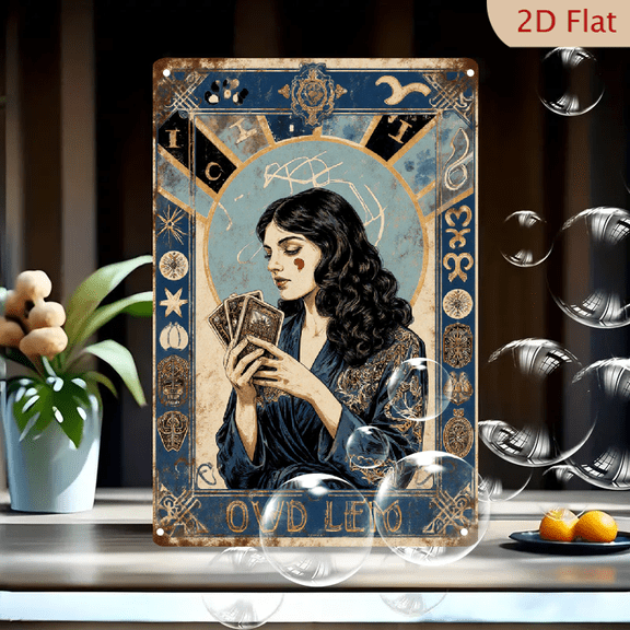 Vintage Mystical Woman Tarot Art 8x12 Inches Metal Wall Decor, Esoteric Astrological Symbols, Blue Ornate Robe with Gold Embroidery, Retro Boho Home Office Poster Print