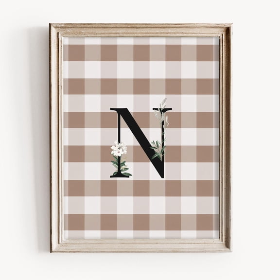 Vintage N Initial Print, Rustic Monogram Art, White Spring Flowers, Neutral Gingham, Spring Initial Print, Neutral Nursery Letter Print Home Decor #1741, Unframed Canvas Size 8x12