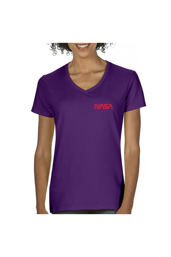 Vintage NASA Logo Crest Women's V-Neck T-shirt Space Astronaut Souvenir Emblem