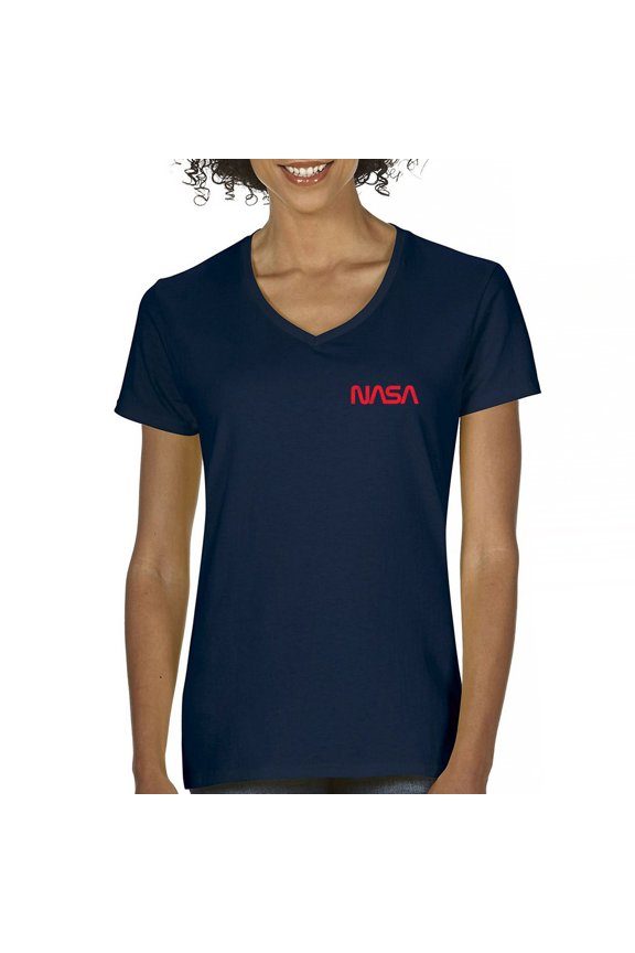Vintage NASA Logo Crest Women's V-Neck T-shirt Space Astronaut Souvenir Emblem