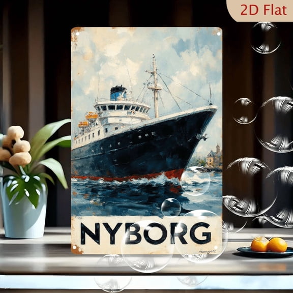 Vintage NYBORG Ship Travel Poster 8x12inches Metal Wall Art, Mid-20th Century Maritime Ad with Coastal Town, Blue Hull & Red Stripe, Retro Ocean Cruise Decor for Home Office