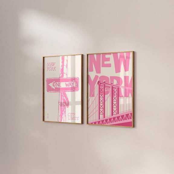 Vintage NYC Art Print Retro Pink New York City Set 2 Stretched Canvas 12x18