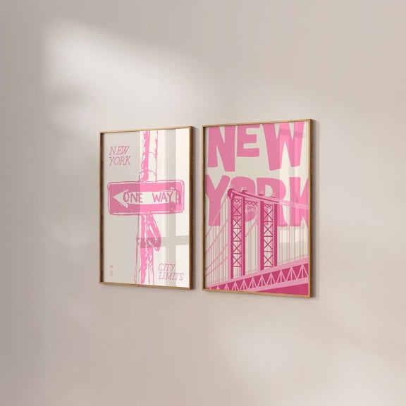 Vintage NYC Art Print Set Retro Pink New York City Wall Decor Set 2 Stretched Canvas 12x18