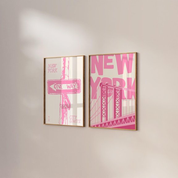 Vintage NYC Art Print Set Retro Pink New York City Wall Decor Set 2 Unframed Paper Print 20x30