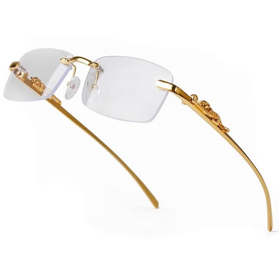 Vintage Narrow Rimless Square Gold Wire Frames Metal Unisex Trendy 90’s Hip Hop Retro Luxury Leopard Arms Frameless Glasses Rectangle Designer Small Clear Lens Eye Glasses For Men And Women
