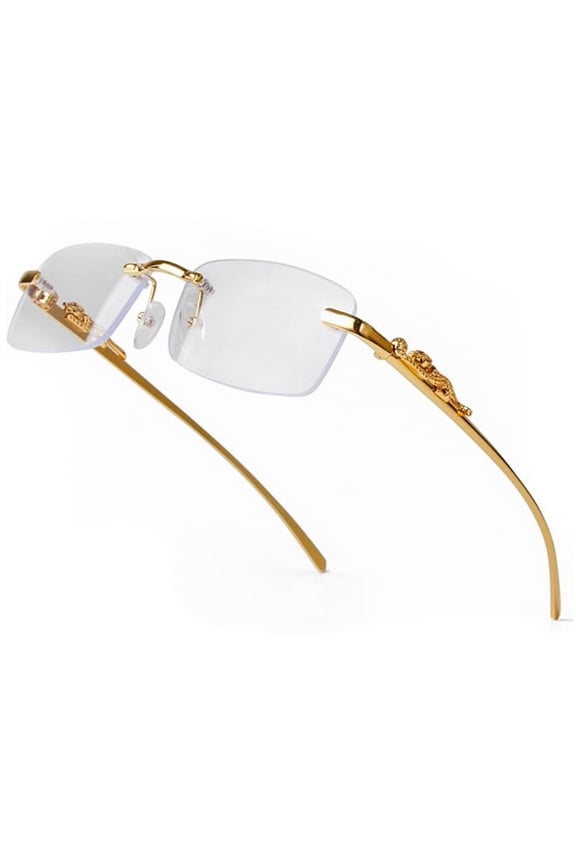 Vintage Narrow Rimless Square Gold Wire Frames Metal Unisex Trendy 90’s Hip Hop Retro Luxury Leopard Arms Frameless Glasses Rectangle Designer Small Clear Lens Eye Glasses For Men And Women