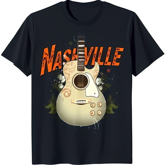 Vintage Nashville Acoustic T-Shirt with Floral Design Black Tee