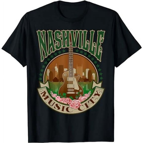 Vintage Nashville Music City Guitar Rose Graphic for Women Short Sleeve T-Shirt
