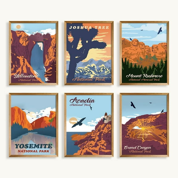Vintage National Park Posters - Unframed Wall Art Set of 6, 8x10 inch, Abstract Canvas Wall Art for Living Room Wall Decor for Bathroom, Mountain Wall Art Print, Nature Pictures, Travel Art