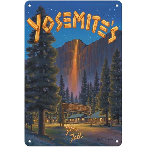 Vintage National Park Travel Poster Metal Tin Sign 8 x 12 Inch Wall Decor Yosemite Fire Fall Design