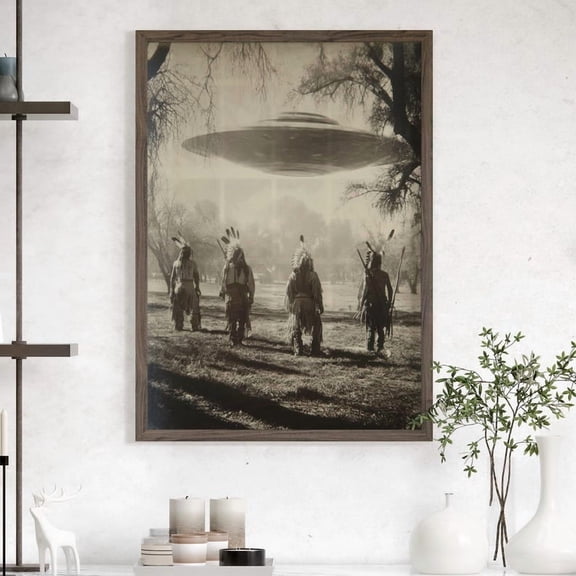 Vintage Native American UFO Wall Art Poster or Canvas Print, Gothic Wild West Art, Dark Academia Alien Abduction, Southwestern Antique Print