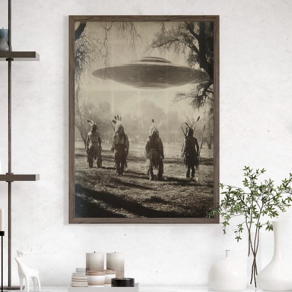 Vintage Native American UFO Wall Art Poster or Canvas Print, Gothic Wild West Art, Dark Academia Alien Abduction, Southwestern Antique Print