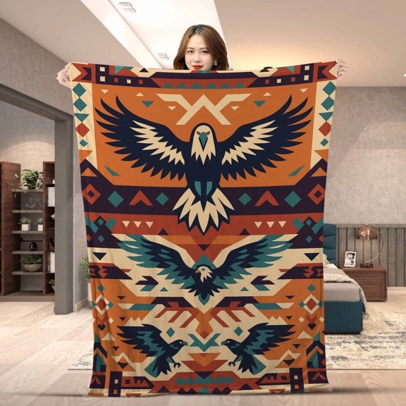 Vintage Native Eagle Blanket – Tribal Eagle Design, Throw Blanket for Home or Outdoor, Perfect Gift For Birthday Cozy Fleece & Sherpa Blanket