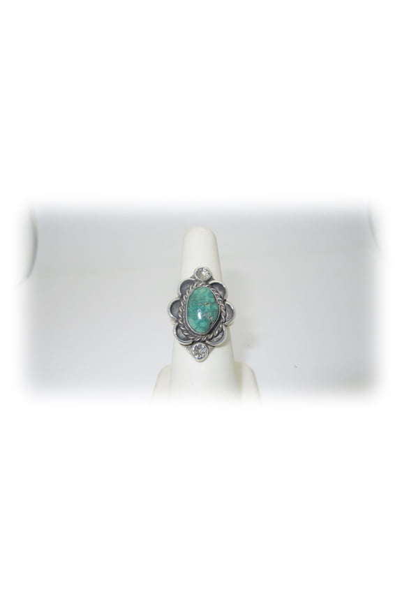 Vintage Native Ring Turquoise Green American Solid Sterling Silver Ring Size 6.5