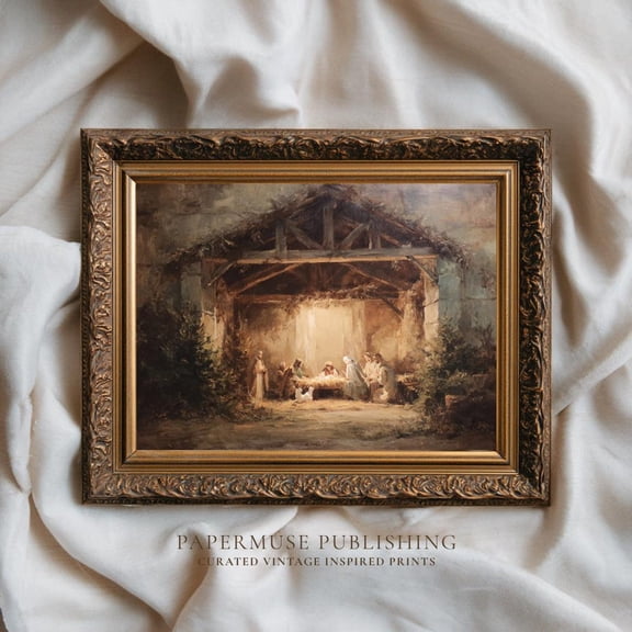 Vintage Nativity Scene Art, Holy Family , Rustic Manger Print, Religiousdecor, Antique Biblical,, Unframed Canvas Size 8x12