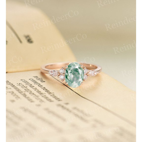 Vintage Natural Moss agate engagement ring|Oval cut rose gold promise ring|Art deco prong set anniversary ring
