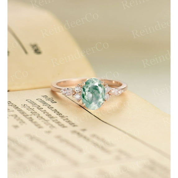 Vintage Natural Moss agate engagement ring|Oval cut rose gold promise ring|Art deco prong set anniversary ring