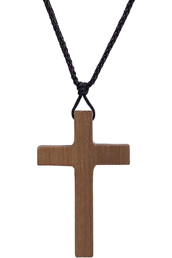 Vintage Natural Walnut Wooden Cross Pendant Necklace Wood Rearview Mirror Adjustable Leather Cord for Men Women Prayer Spiritual Religious Jewelry-Brown