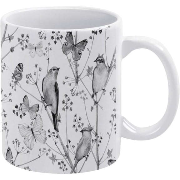 Vintage Nature Seamless Texture with Birds, Flowers and Butterflies White Ceramic Cup, 11 Oz Tea Mug, Coffee Mug, Milk Mug, Juice Ceramic Cup for Home Offices Cafe Party Mom Father Daughter Son