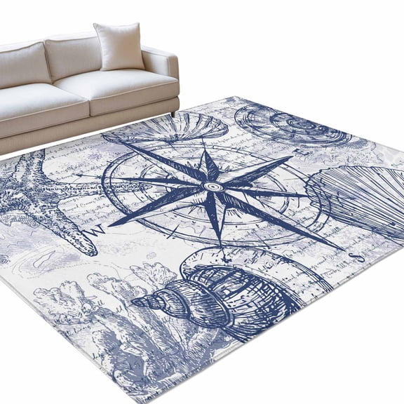Vintage Nautical 6x9ft Non Slip Area Rug Summer Navy Blue Compass Shell Starfish Map Washable&nbsp;Soft Area Rugs for Living Room, Indoor&nbsp;Circle Carpet for Bedroom Dining Room Kitchen