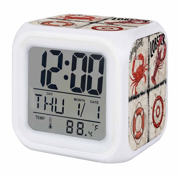 Vintage Nautical Alarm Clock, Rudder Lobster Crab Coastal Ocean Digital Clock Night Light with 7 Color, Calendar Temperature Display, LED Desk Small Clock for Bedrooms Bedside Living Room