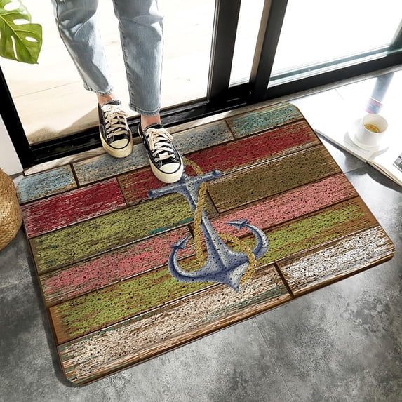 Vintage Nautical Anchor Indoor Doormat Front Door Mat, Timeworn Weathered Wooden Planks Welcome Entrance Door Mat Non-Slip Floor Mat Rugs for Home Funny Kitchen Patio Decor