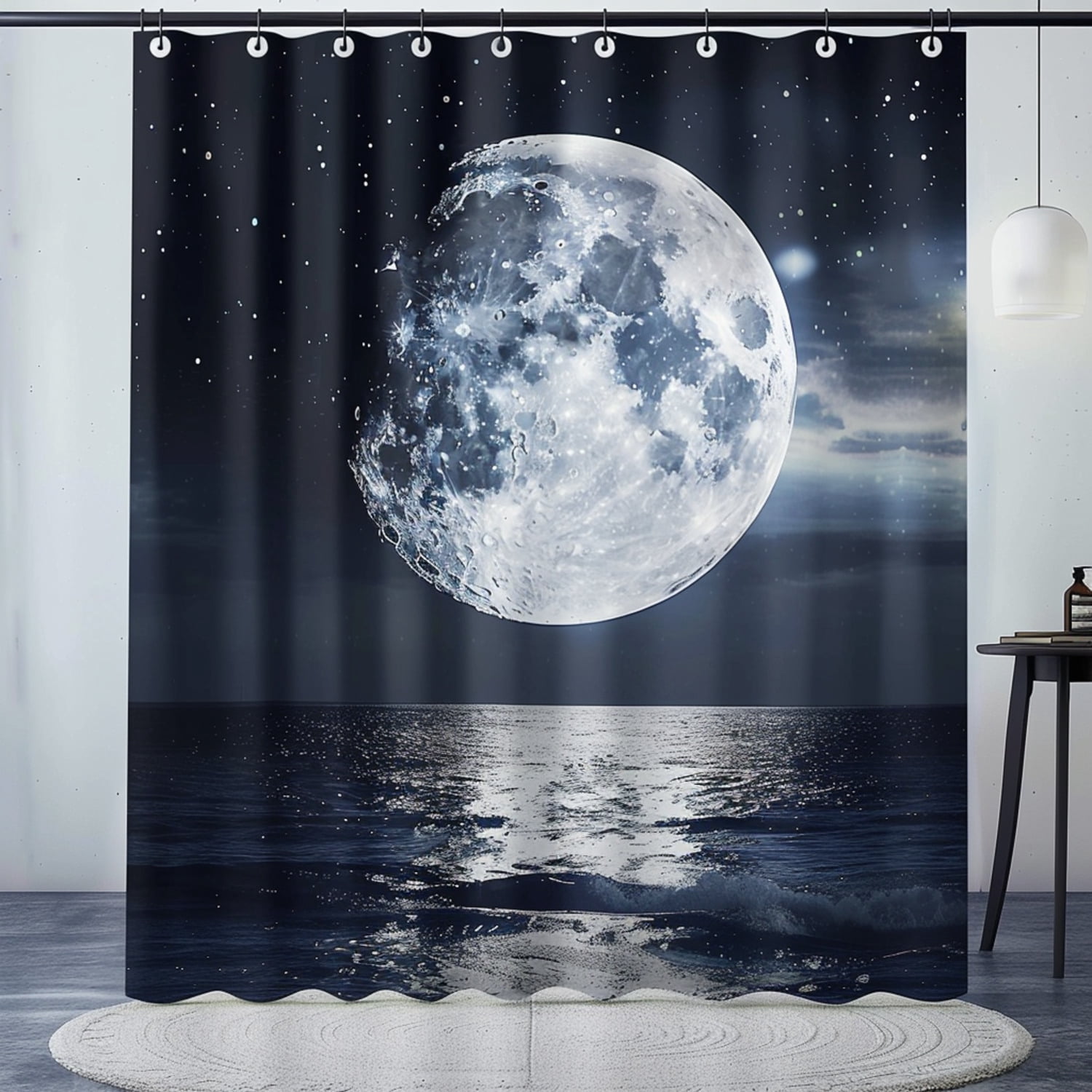 Vintage Nautical Bathroom Decor Set with Full Moon Shower Curtain Navy ...
