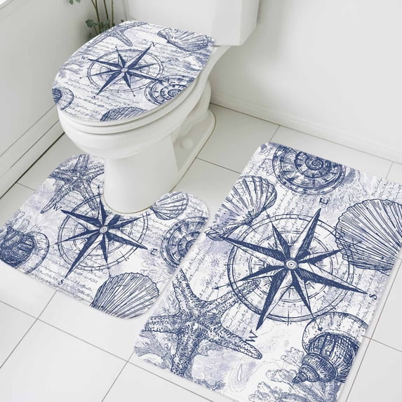 Vintage Nautical Bathroom Rugs Set Summer Navy Blue Compass Shell Starfish Map Non Slip Absorbent Soft Bath Mats 3 Piece Set with Bathroom Rug, U-Shaped Floor Mat, Toilet Seat Cover Large Size