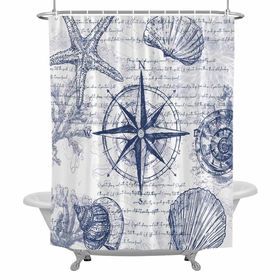 Vintage Nautical Bathroom Shower Curtain, Summer Navy Blue Compass Shell Starfish Map Waterproof Washable Soft Bath Curtain for Bathtub Decor with 12 Hooks&Grommet, 48x72 Inch
