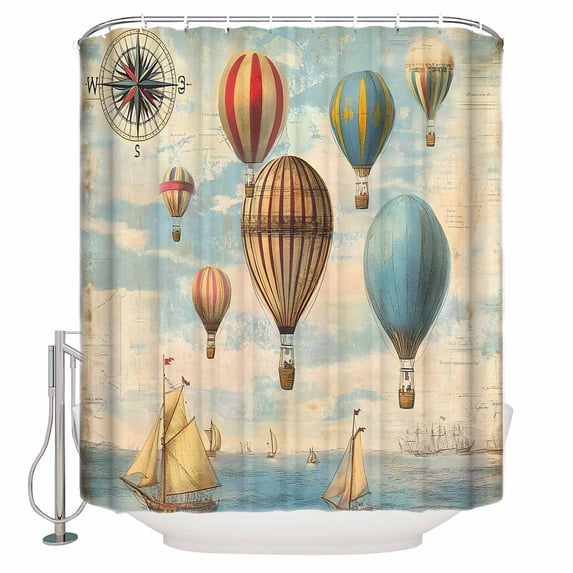 Vintage Nautical Bathroom Shower Curtains with 12 Hooks Polyester Waterproof Shower Curtain for Stalls and Bathtubs Coastal Ocean Compass Balloon Decorative Bathroom Privacy Curtain 72x78 Inches
